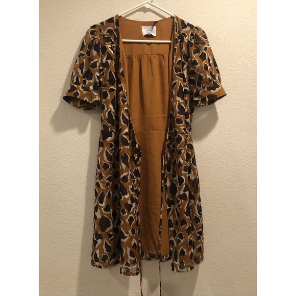 J.O.A NWT Brown Multicolor Dotted + Spotted V-Neck Wrap Mini Dress Size S - Picture 4 of 13
